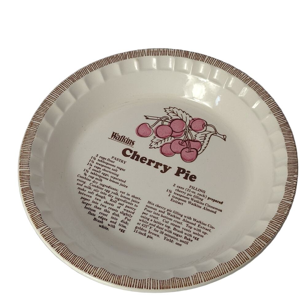 Watkins Cherry Pie 6294 Pie Dish 11-inch Ceramic Vintage 1980s Recipe
